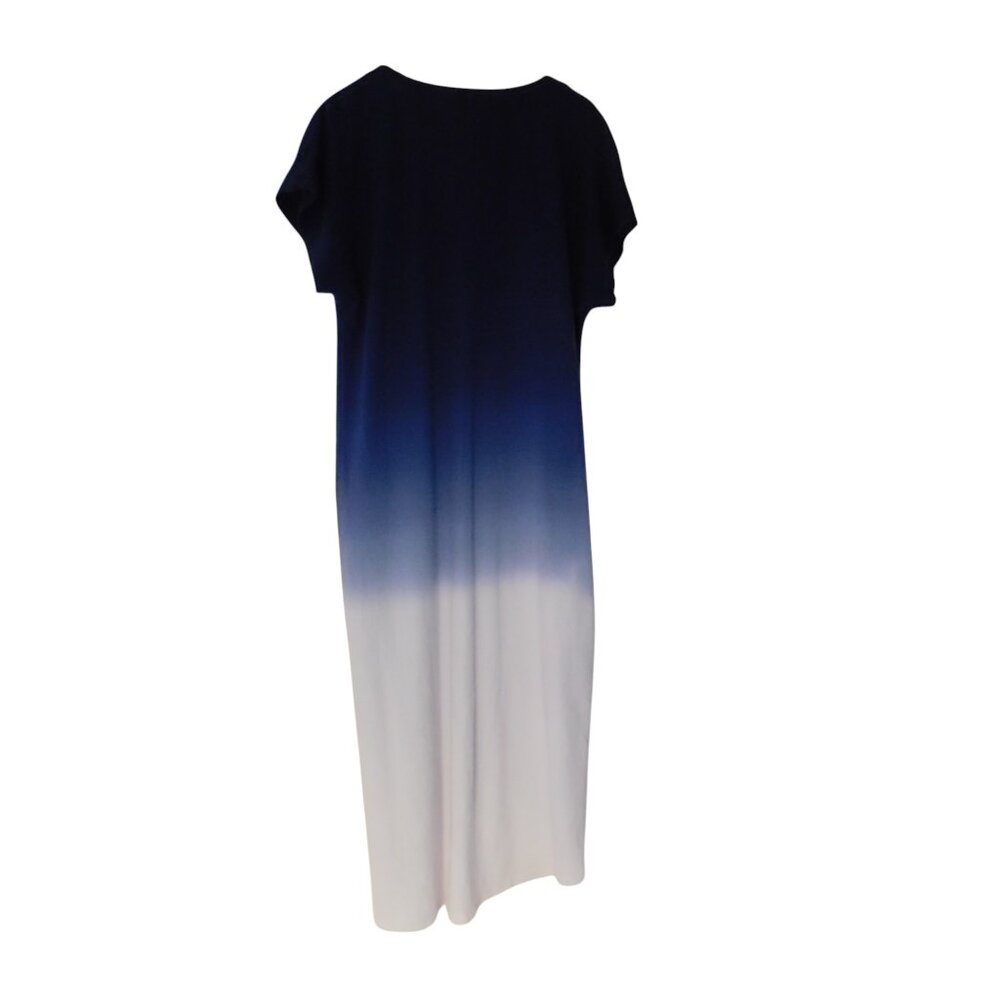 Lands' End Gauzy Cotton Ombre Maxi Dress Blue White Short Sleeves Pockets Large - Picture 5 of 6